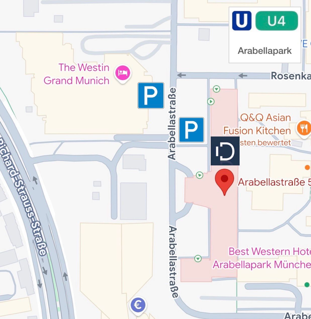 Lageplan: Arabellastraße 5 mit Parkplätzen und U4 Arabellapark
